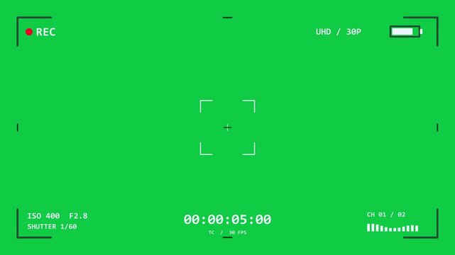 Animated 30 seconds camera viewfinder recording screen overlay with timecode and UI elements on green screen