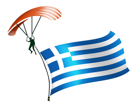 A skydiver, A paratrooper, A parachutist carrying a flag of Greece