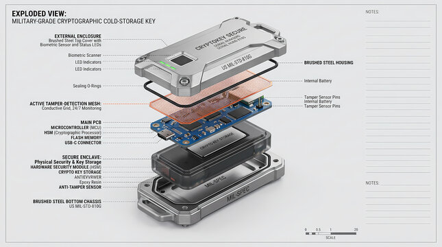 Exploded view diagram of military grade cryptographic cold storage key