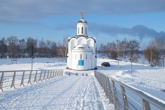 View of the Church of Prince Mikhail of Tver on Memorial Island on January day