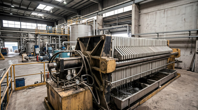 Large industrial filter press separating solids from liquid slurry