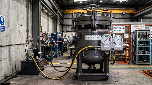High pressure hydrostatic burst test vessel in industrial laboratory