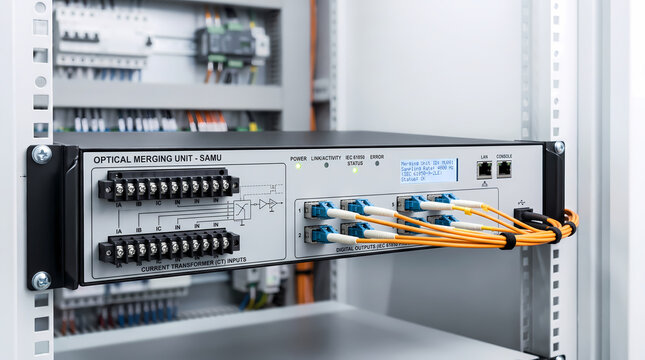 Optical merging unit SAMU with fiber optic outputs in substation control panel