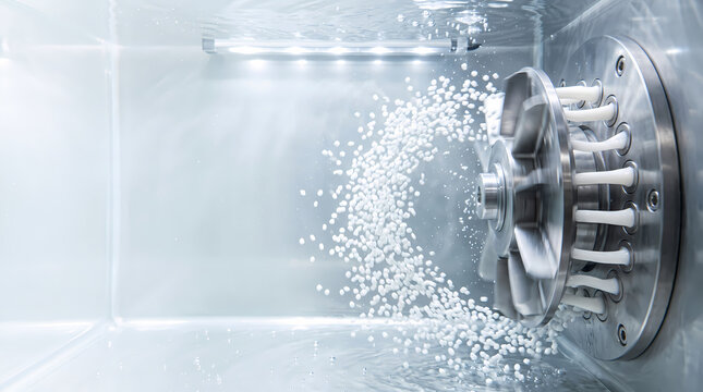 Underwater pelletizer cutting polymer strands into pellets in water bath