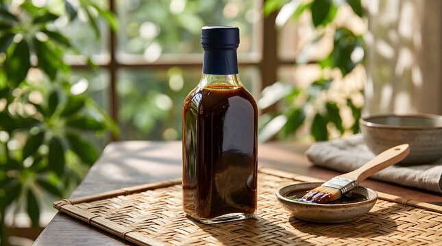 Glass bottle of savory barbecue sauce stands on a woven mat with a basting brush