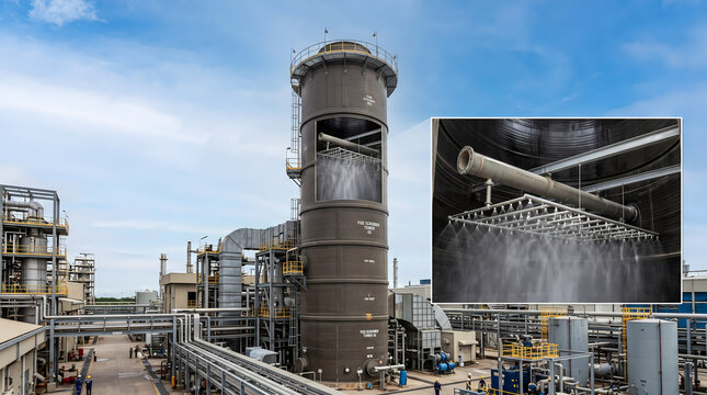 FRP fiberglass scrubber tower with internal spray nozzle array graphic
