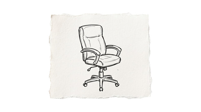 Office desk chair pencil drawing on torn paper scrap, ergonomic swivel workplace seat, transparent background