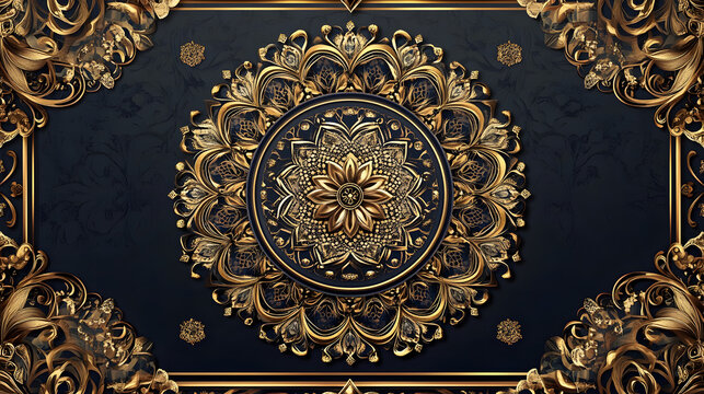 Intricate golden arabesque mandala design on dark textured background with ornate border framing with textured backdrop decorative frame arabesque patterns centered elaborate mandala