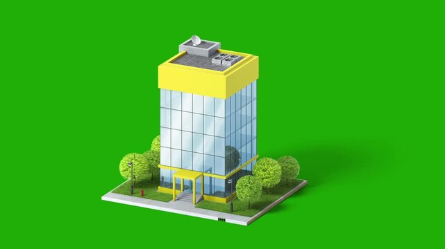 Modern 3D office building isometric model isolated on bright green screen chroma key video backdrop