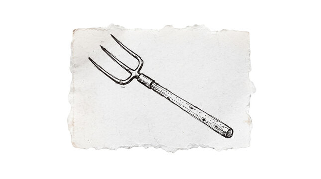 Agricultural farming pitchfork pencil drawing on piece of paper, hay fork garden tool, transparent background
