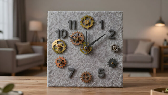 Steampunk clock face made of gears on a gray felt surface