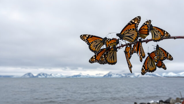 Monarch butterflies on a branch over a cold sea and mountains