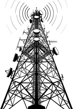 Telecommunication tower silhouette broadcasting radio signal waves