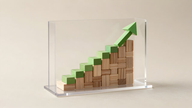 Wooden block staircase showing business growth trend with green arrow