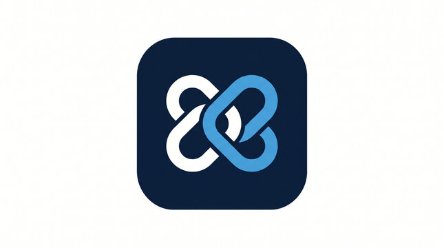 A modern tech app icon featuring white and light blue interlocking curved loops forming an infinity link inside a dark navy rounded square button.
