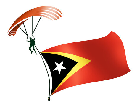 A skydiver, A paratrooper, A parachutist carrying a flag of East Timor