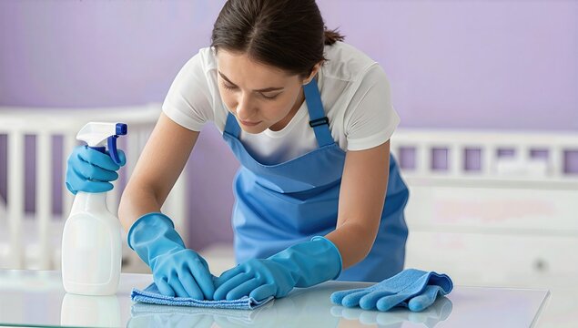 Young Woman Housekeeper in Blue Uniform and Gloves Cleaning a White Surface with a Blue Cloth in a Bright Modern Room with a Soft Lavender Background