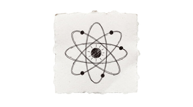 Atom symbol pencil drawing on piece of paper, science physics nuclear orbital nucleus icon, transparent background