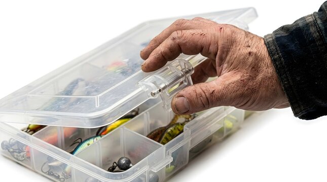 Weathered hand opening a translucent plastic container filled with lures