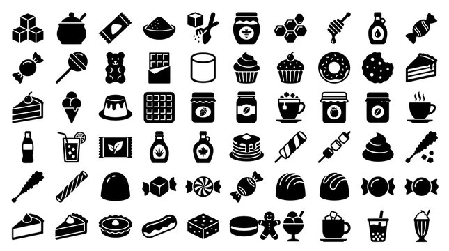 Sugar Honey and Sweetener Solid Fill Vector Icon Set with Sweet Foods Desserts Candy Syrups Sugar Cubes and Beverage Symbols