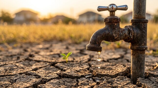 Rusty outdoor faucet dripping water on dry cracked earth