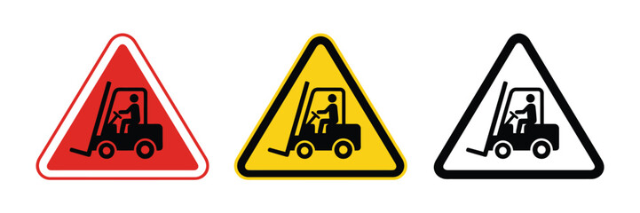 Industrial forklift safety warning icon set. triangular caution sign design for warehouse logistics, factory transport, and material handling. © mdbhraju76