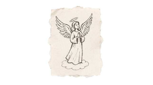 Hand drawn angel pencil sketch on piece of paper, winged heavenly spiritual figure, transparent background