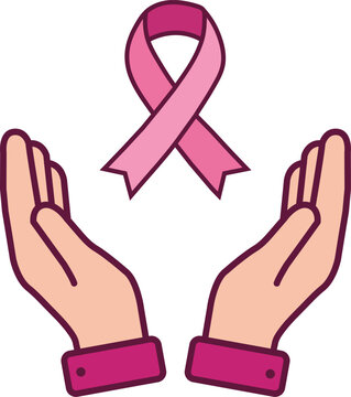 Breast Cancer Awareness Pink Ribbon with Caring Hands and Support Symbol
