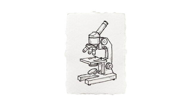 Laboratory microscope pencil sketch on paper scrap, scientific research tool illustration, transparent background