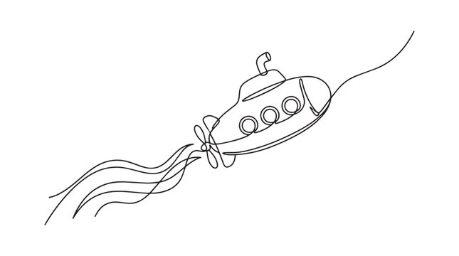 Submarine Underwater Current Line Art Element Design, Underwater nautical vessel drawing, Simple one line art of a sub with periscope and propeller, marine, transport, exploration, simple, black.
