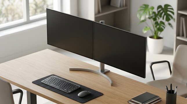 Dual Computer Monitors Setup on Wooden Workspace Desk Mockup