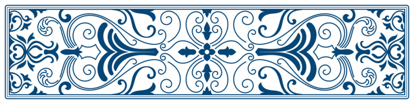 Vintage-style decorative frame with blue scrollwork elements.