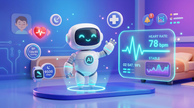 AI healthcare assistant robot monitoring patient vital signs in a hospital room. Floating holographic medical dashboard displaying heart rate and blood pressure. 3D digital health vector illustration