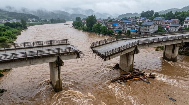 Flood damaged bridge over river