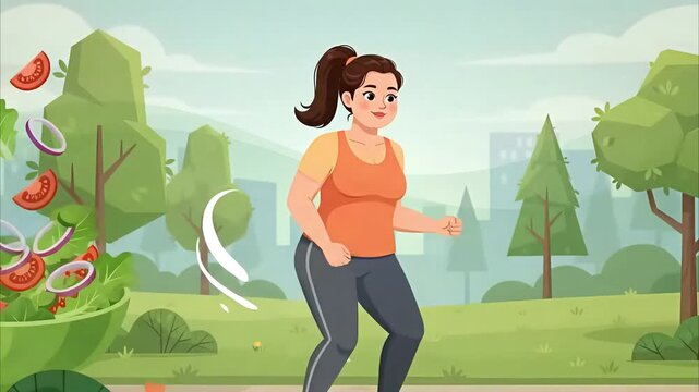 Illustration of a Woman Jogging in the Park with Salad Ingredients Floating Concept of Healthy Lifestyle and Weight Loss
