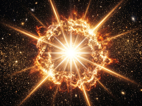 Massive supernova explosion in deep outer space with glowing fiery shockwave and bright luminous energy rays.