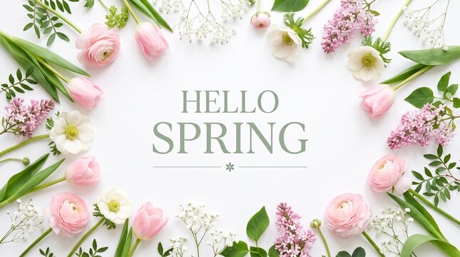 Flowers arranged in a circle with hello spring text