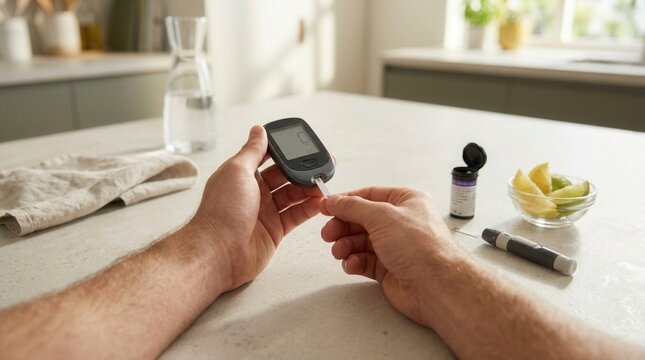 Man's hands using a blood glucose meter to check sugar levels, with diabetes testing kit and fruit on a kitchen counter.