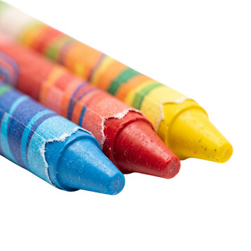 Macro view of blue red and yellow wax crayons