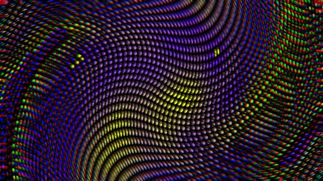 Vibrant swirling moir&eacute; pattern with halftone dots and digital glitch effect, ideal for VJ backgrounds, music video visuals and digital art displays.