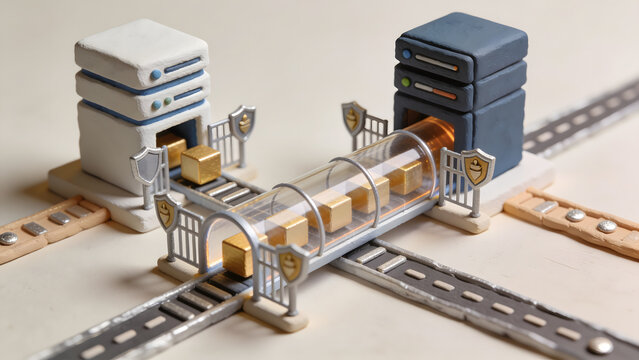 Secure data transfer concept with connected servers, protected tunnel and security gates, illustrating cybersecurity, cloud computing, data protection and secure IT infrastructure.