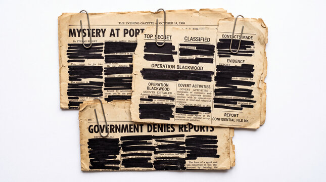 Vintage redacted government documents with blacked out text and paper clips, classified top secret military reports on a white background.
