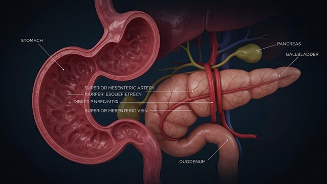 Human Digestive System Illustration, Anatomical Diagram, Medical Visualization, Superior Mesenteric Artery, Pancreas