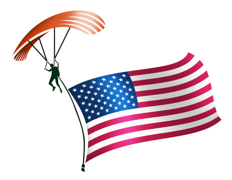 A skydiver, A paratrooper, A parachutist carrying a flag of America