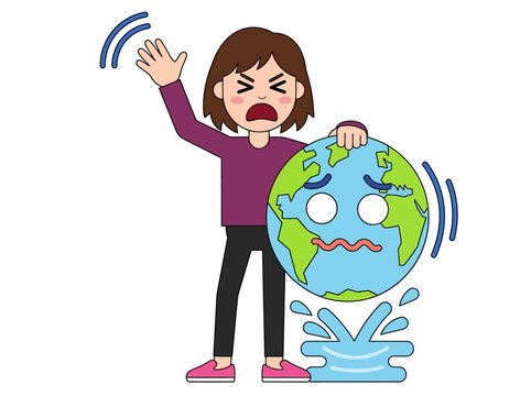 Young Female Environmental Activist Shouting to Save a Scared Shaking Earth Planet, Global Warming and Climate Change Concept Illustration