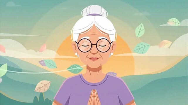 Senior woman meditating outdoors with closed eyes and folded hands during sunset vector illustration