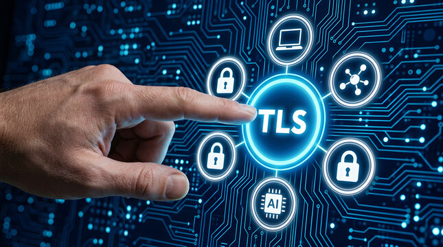 Finger selecting tls protocol icon on digital security interface