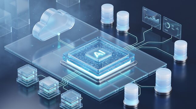 Artificial intelligence central processing unit connected to data storage servers and cloud computing icons in a high tech laboratory environment for advanced machine learning visualization