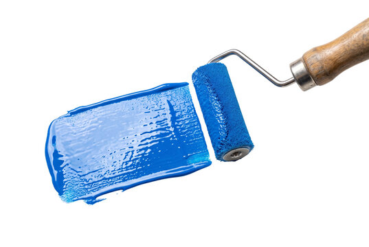 Paint roller applying a vibrant blue stroke
