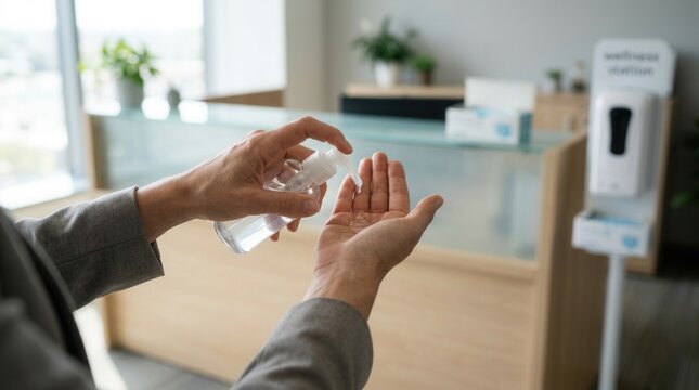 Person applying hand sanitizer at a wellness station in a modern office reception area, emphasizing hygiene and safety protocols.